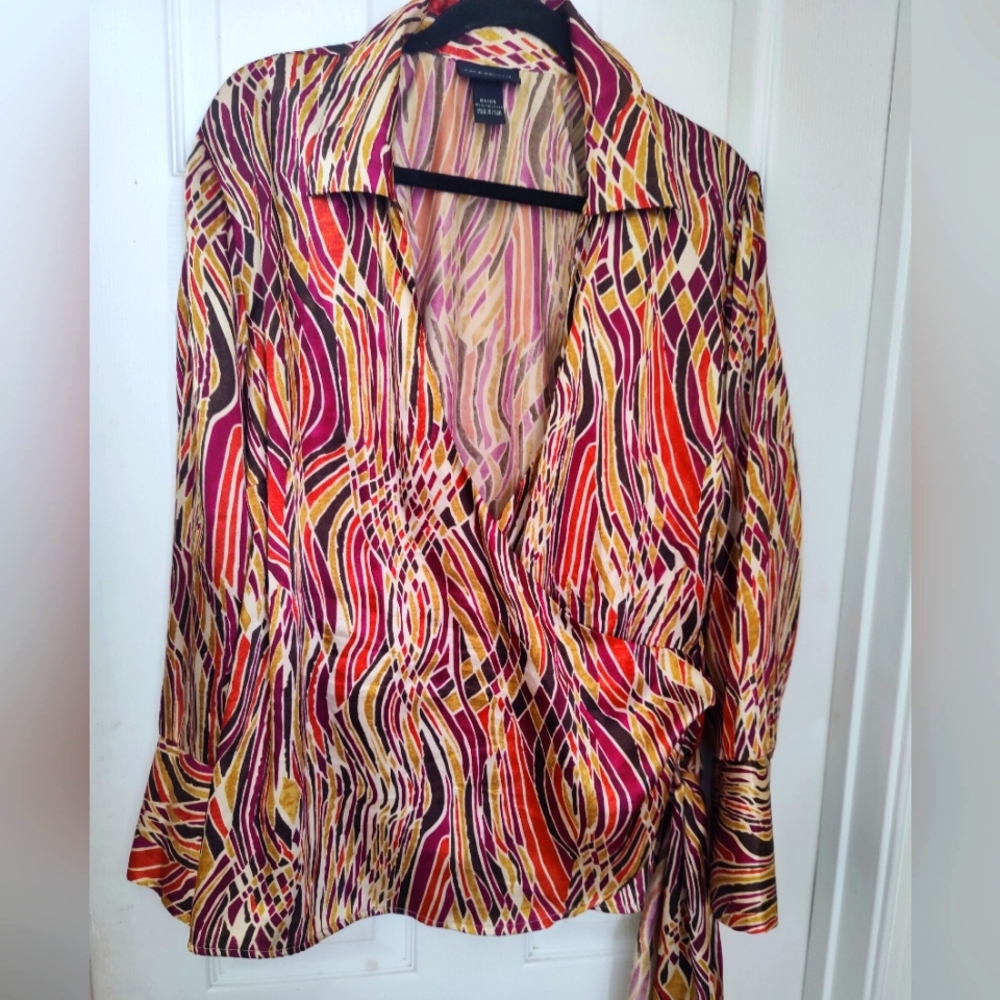 Lane Bryant Multicolor Abstract Print Wrap Button-Down Top